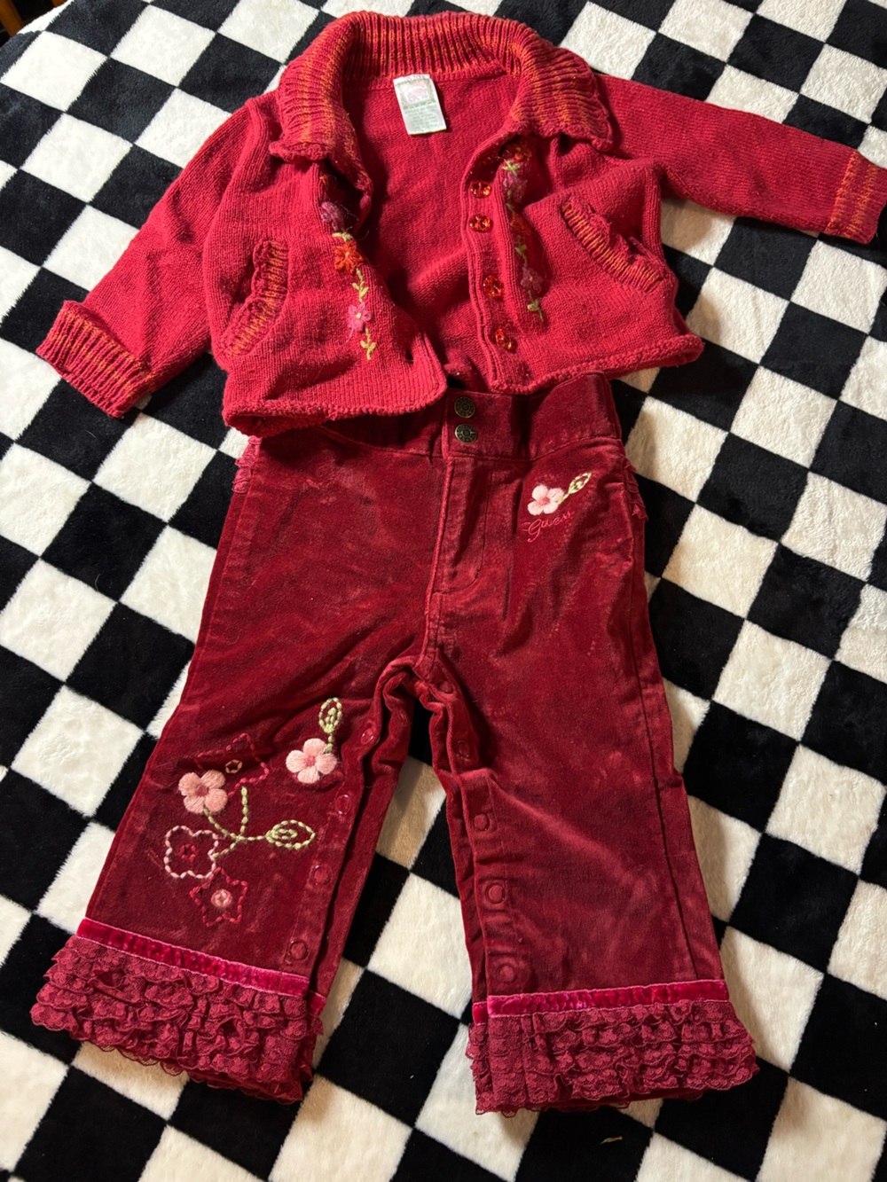 6/9 month Red Floral Embroidered guess pants with vintage knit cardigan